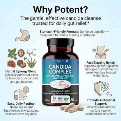 Candida Cleanse Supplement & Yeast Support with Probiotics (LactoSpore®), Oregano Oil, Caprylic Acid, Black Walnut – Advanced Gut Health, Digestive Enzymes, pH Balance for Women and Men – 60 Capsules