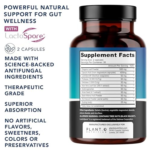 Candida Cleanse Supplement & Yeast Support with Probiotics (LactoSpore®), Oregano Oil, Caprylic Acid, Black Walnut – Advanced Gut Health, Digestive Enzymes, pH Balance for Women and Men – 60 Capsules - görsel 4