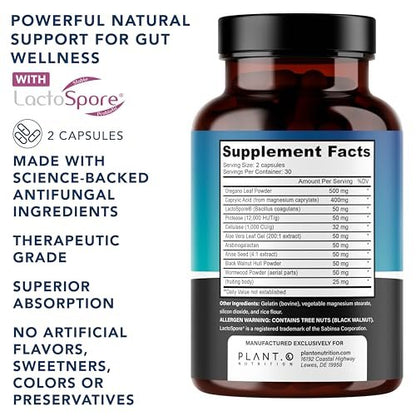 Candida Cleanse Supplement & Yeast Support with Probiotics (LactoSpore®), Oregano Oil, Caprylic Acid, Black Walnut – Advanced Gut Health, Digestive Enzymes, pH Balance for Women and Men – 60 Capsules