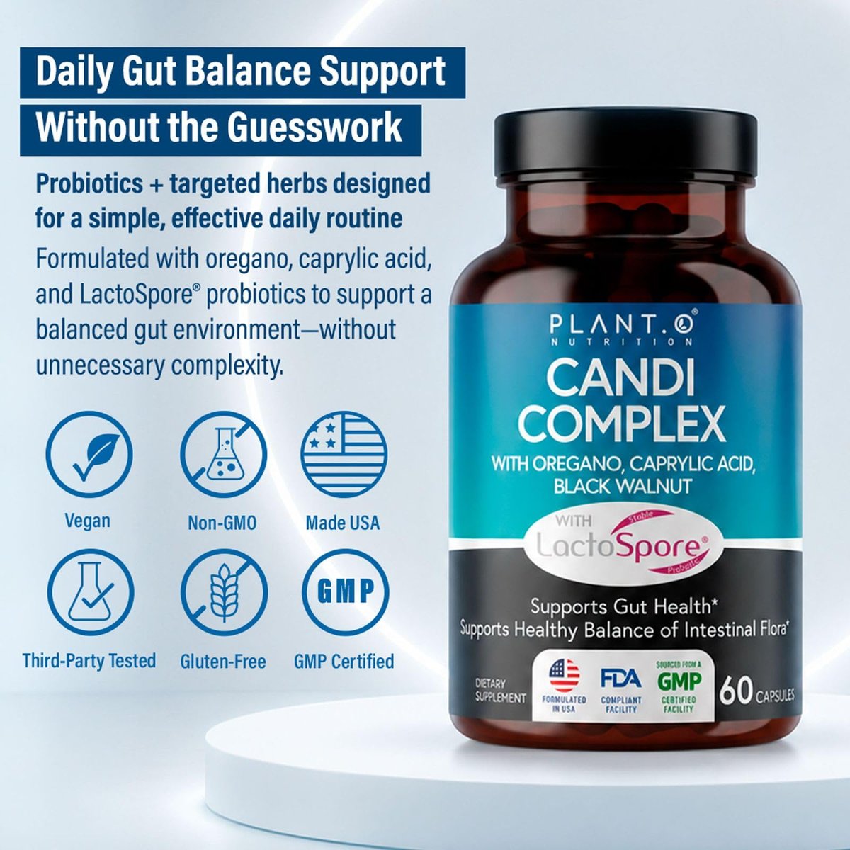 Candida Cleanse Supplement & Yeast Support with Probiotics (LactoSpore®), Oregano Oil, Caprylic Acid, Black Walnut – Advanced Gut Health, Digestive Enzymes, pH Balance for Women and Men – 60 Capsules - görsel 7