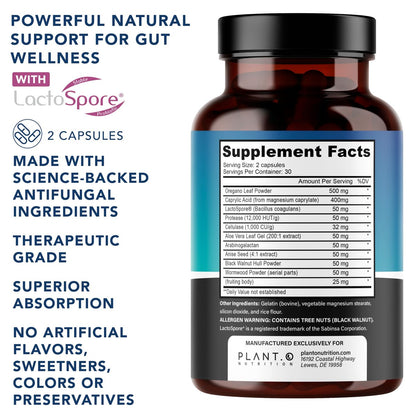 Candida Cleanse Supplement & Yeast Support with Probiotics (LactoSpore®), Oregano Oil, Caprylic Acid, Black Walnut – Advanced Gut Health, Digestive Enzymes, pH Balance for Women and Men – 60 Capsules