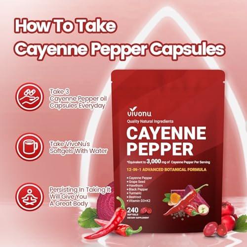 Cayenne Pepper Softgels Supplement, Supports Leg Vein, Heart and Blood Vessel Health, with Vitamin E D3+K2 and Extracts of Grape Seed, Hawthorn, Beetroot, Berberine and Others (Softgels / 1 Bag) - görsel 5