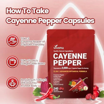 Cayenne Pepper Softgels Supplement, Supports Leg Vein, Heart and Blood Vessel Health, with Vitamin E D3+K2 and Extracts of Grape Seed, Hawthorn, Beetroot, Berberine and Others (Softgels / 1 Bag)