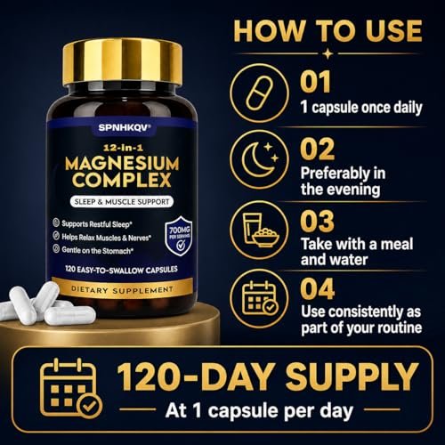 SPNHKQV Magnesium 12-in-1 Complex Supplement – 700mg High Absorption Magnesium Glycinate Capsules for Women & Men – Muscle, Nerve & Sleep Support – 120 Vegan Capsules - görsel 11