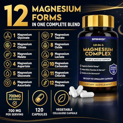 SPNHKQV Magnesium 12-in-1 Complex Supplement – 700mg High Absorption Magnesium Glycinate Capsules for Women & Men – Muscle, Nerve & Sleep Support – 120 Vegan Capsules