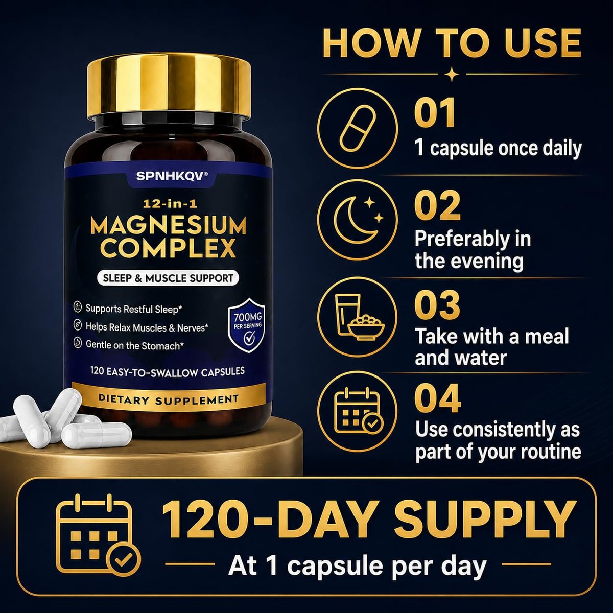 SPNHKQV Magnesium 12-in-1 Complex Supplement – 700mg High Absorption Magnesium Glycinate Capsules for Women & Men – Muscle, Nerve & Sleep Support – 120 Vegan Capsules - görsel 9
