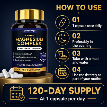SPNHKQV Magnesium 12-in-1 Complex Supplement – 700mg High Absorption Magnesium Glycinate Capsules for Women & Men – Muscle, Nerve & Sleep Support – 120 Vegan Capsules