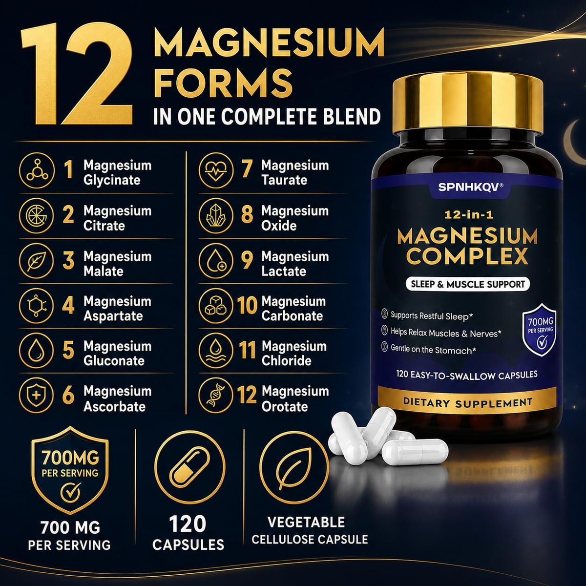 SPNHKQV Magnesium 12-in-1 Complex Supplement – 700mg High Absorption Magnesium Glycinate Capsules for Women & Men – Muscle, Nerve & Sleep Support – 120 Vegan Capsules - görsel 3