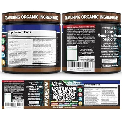 AuraShroom Mushroom Supplement Lions Mane Turkey Tail Cordyceps Reishi Shiitake Chaga Oyster Stress Relief Immune Support Nootropic Energy Portobello Mushrooms 60 Capsules By Clean Nutra
