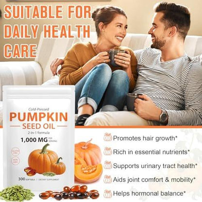 Pumpkin Seed Oil with Saw Palmetto, Pumpkin Seed Oil Capsules, Cold Pressed Pure Virgin Oil, Supports Prostate Health, Hair Growth & Bladder Function | Rich in Fatty Acids, Phytosterols, 300 Softgels