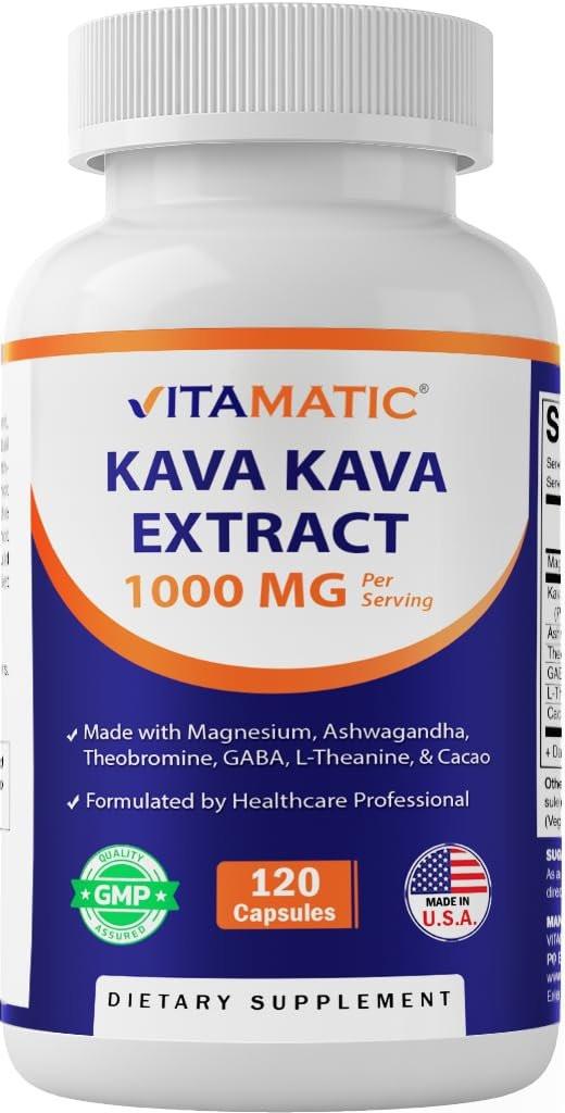 Vitamatic Kava Kava 1000mg with Magnesium, Ashwagandha, GABA, Theobromine, L-Theanine & Cacao – 120 Veg Caps – Kavalactones for Mood, Stress & Sleep Support