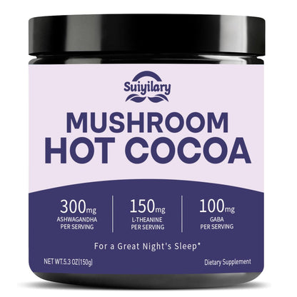 Suiyilary 10 Mushroom Hot Cocoa for Calm, Sugar Free Keto Cocoa Powder, Relax Nighttime Drink, 100mg Magnesium Glycinate, 100mg GABA, 150mg L-Theanine, 15 Servings