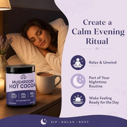 Suiyilary 10 Mushroom Hot Cocoa for Calm, Sugar Free Keto Cocoa Powder, Relax Nighttime Drink, 100mg Magnesium Glycinate, 100mg GABA, 150mg L-Theanine, 15 Servings