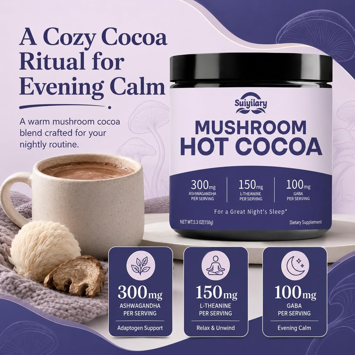 Suiyilary 10 Mushroom Hot Cocoa for Calm, Sugar Free Keto Cocoa Powder, Relax Nighttime Drink, 100mg Magnesium Glycinate, 100mg GABA, 150mg L-Theanine, 15 Servings - görsel 7