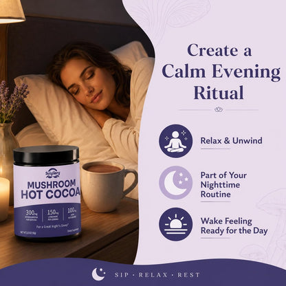 Suiyilary 10 Mushroom Hot Cocoa for Calm, Sugar Free Keto Cocoa Powder, Relax Nighttime Drink, 100mg Magnesium Glycinate, 100mg GABA, 150mg L-Theanine, 15 Servings