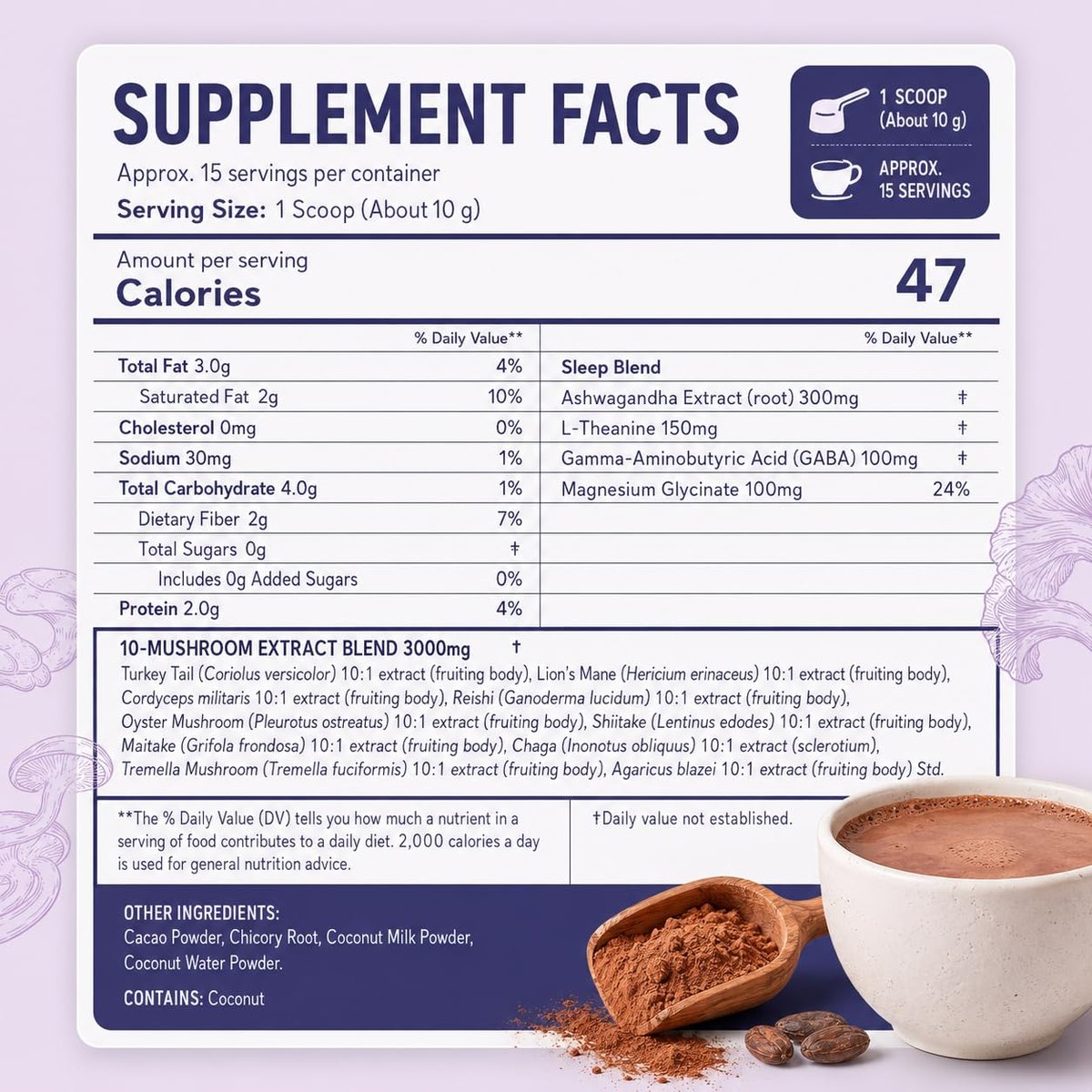 Suiyilary 10 Mushroom Hot Cocoa for Calm, Sugar Free Keto Cocoa Powder, Relax Nighttime Drink, 100mg Magnesium Glycinate, 100mg GABA, 150mg L-Theanine, 15 Servings - görsel 17
