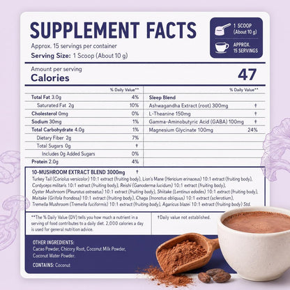 Suiyilary 10 Mushroom Hot Cocoa for Calm, Sugar Free Keto Cocoa Powder, Relax Nighttime Drink, 100mg Magnesium Glycinate, 100mg GABA, 150mg L-Theanine, 15 Servings