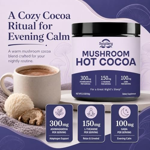 Suiyilary 10 Mushroom Hot Cocoa for Calm, Sugar Free Keto Cocoa Powder, Relax Nighttime Drink, 100mg Magnesium Glycinate, 100mg GABA, 150mg L-Theanine, 15 Servings - görsel 8