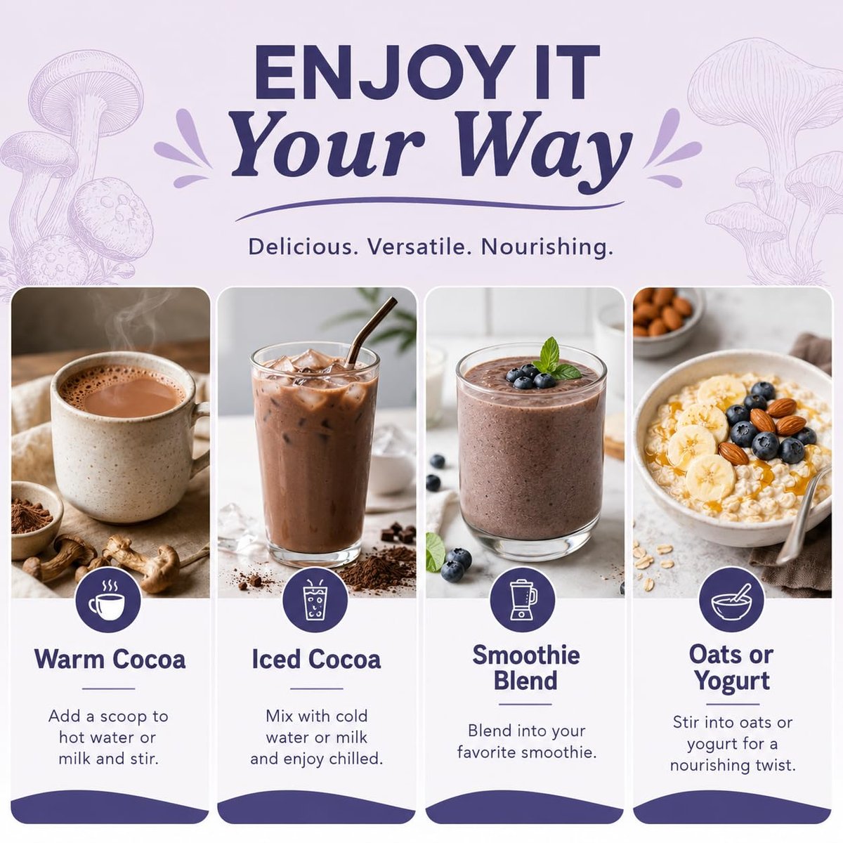 Suiyilary 10 Mushroom Hot Cocoa for Calm, Sugar Free Keto Cocoa Powder, Relax Nighttime Drink, 100mg Magnesium Glycinate, 100mg GABA, 150mg L-Theanine, 15 Servings - görsel 13