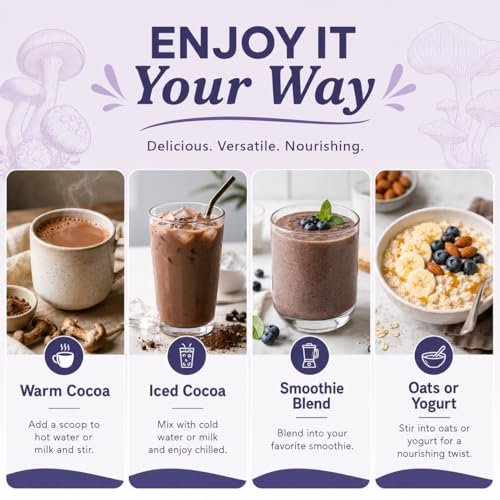 Suiyilary 10 Mushroom Hot Cocoa for Calm, Sugar Free Keto Cocoa Powder, Relax Nighttime Drink, 100mg Magnesium Glycinate, 100mg GABA, 150mg L-Theanine, 15 Servings - görsel 14