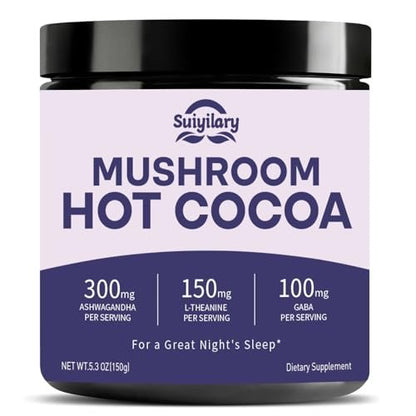 Suiyilary 10 Mushroom Hot Cocoa for Calm, Sugar Free Keto Cocoa Powder, Relax Nighttime Drink, 100mg Magnesium Glycinate, 100mg GABA, 150mg L-Theanine, 15 Servings