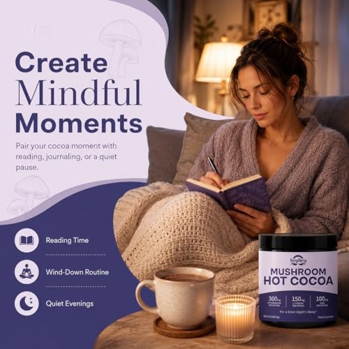 Suiyilary 10 Mushroom Hot Cocoa for Calm, Sugar Free Keto Cocoa Powder, Relax Nighttime Drink, 100mg Magnesium Glycinate, 100mg GABA, 150mg L-Theanine, 15 Servings - görsel 6