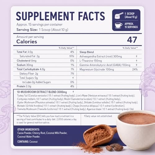 Suiyilary 10 Mushroom Hot Cocoa for Calm, Sugar Free Keto Cocoa Powder, Relax Nighttime Drink, 100mg Magnesium Glycinate, 100mg GABA, 150mg L-Theanine, 15 Servings - görsel 18
