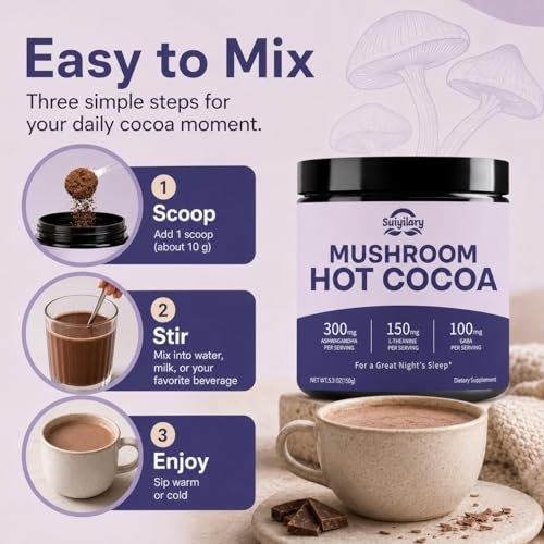 Suiyilary 10 Mushroom Hot Cocoa for Calm, Sugar Free Keto Cocoa Powder, Relax Nighttime Drink, 100mg Magnesium Glycinate, 100mg GABA, 150mg L-Theanine, 15 Servings - görsel 16