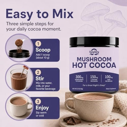 Suiyilary 10 Mushroom Hot Cocoa for Calm, Sugar Free Keto Cocoa Powder, Relax Nighttime Drink, 100mg Magnesium Glycinate, 100mg GABA, 150mg L-Theanine, 15 Servings