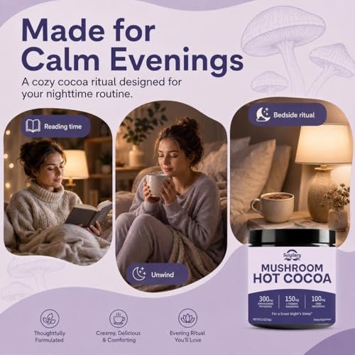 Suiyilary 10 Mushroom Hot Cocoa for Calm, Sugar Free Keto Cocoa Powder, Relax Nighttime Drink, 100mg Magnesium Glycinate, 100mg GABA, 150mg L-Theanine, 15 Servings - görsel 12