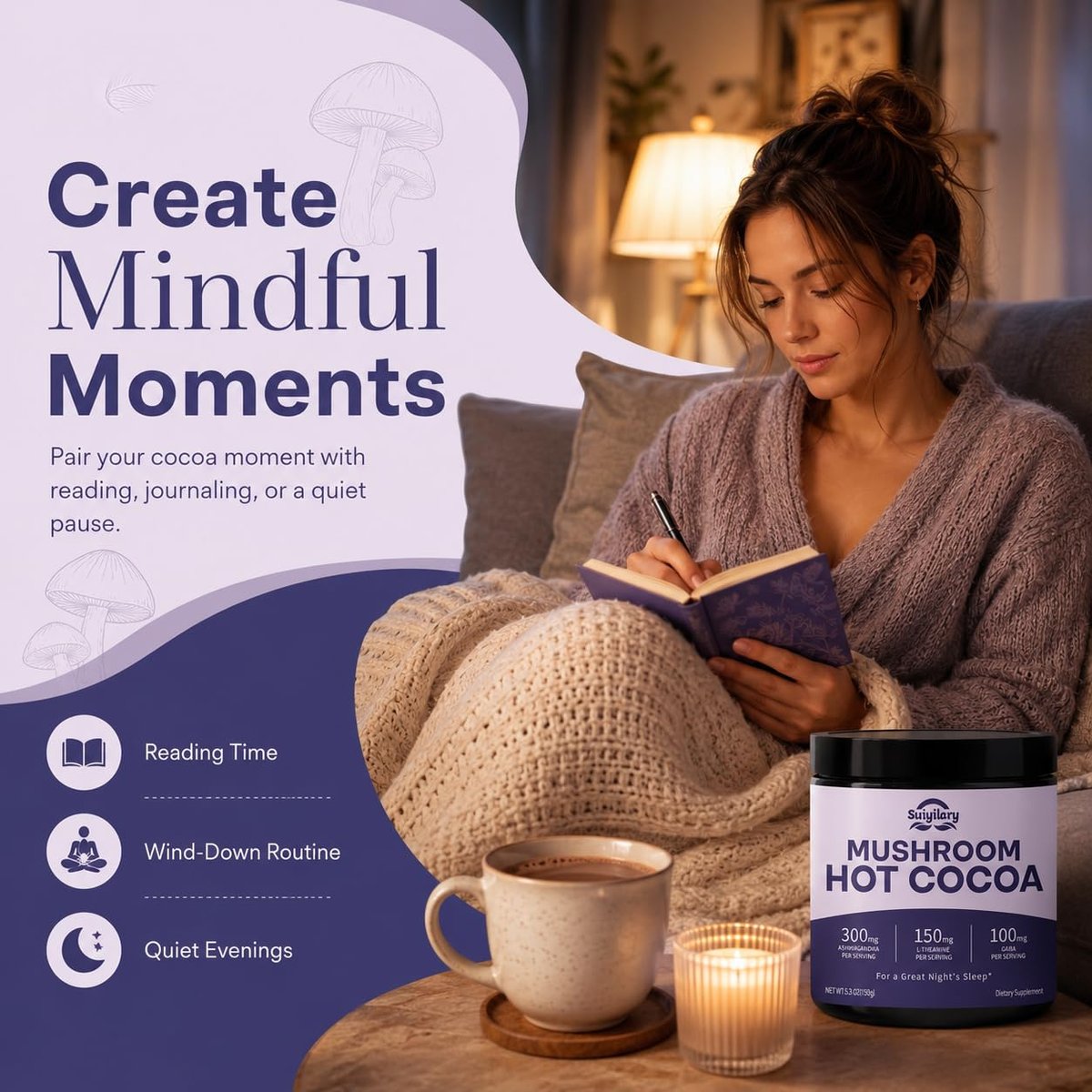 Suiyilary 10 Mushroom Hot Cocoa for Calm, Sugar Free Keto Cocoa Powder, Relax Nighttime Drink, 100mg Magnesium Glycinate, 100mg GABA, 150mg L-Theanine, 15 Servings - görsel 5