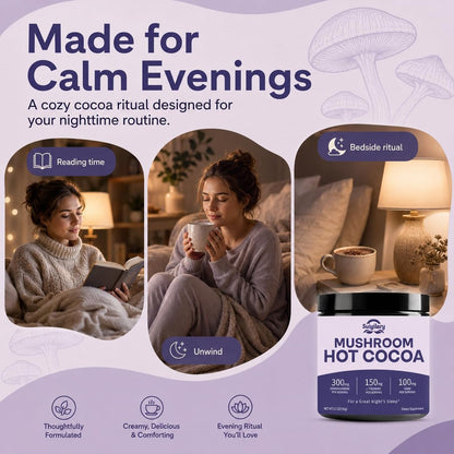 Suiyilary 10 Mushroom Hot Cocoa for Calm, Sugar Free Keto Cocoa Powder, Relax Nighttime Drink, 100mg Magnesium Glycinate, 100mg GABA, 150mg L-Theanine, 15 Servings