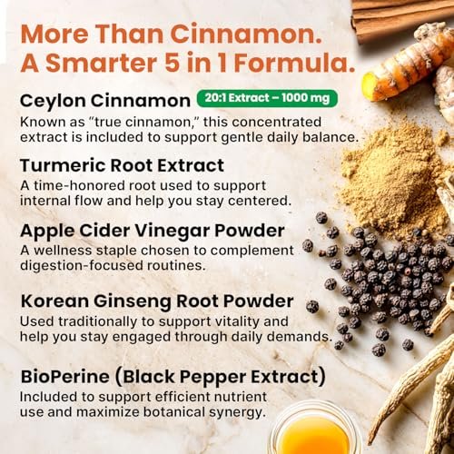 5-in-1 Ceylon Cinnamon Powder Extra Strength – Organic Ceylon Cinnamon Capsules with Turmeric, Apple Cider Vinegar, Korean Ginseng & BioPerine for Metabolism & Energy Support Pills (120 Ct, 1 Pack) - görsel 7