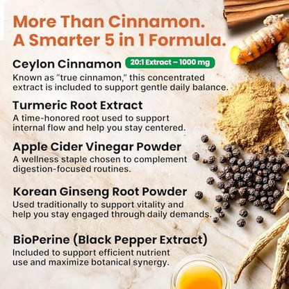 5-in-1 Ceylon Cinnamon Powder Extra Strength – Organic Ceylon Cinnamon Capsules with Turmeric, Apple Cider Vinegar, Korean Ginseng & BioPerine for Metabolism & Energy Support Pills (120 Ct, 1 Pack)