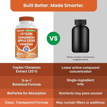 5-in-1 Ceylon Cinnamon Powder Extra Strength – Organic Ceylon Cinnamon Capsules with Turmeric, Apple Cider Vinegar, Korean Ginseng & BioPerine for Metabolism & Energy Support Pills (120 Ct, 1 Pack)