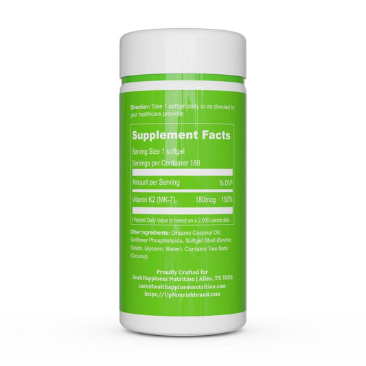 UpNourish Liposomal Vitamin K2 MK7 180 mcg - 180 K2 Vitamin Supplement Softgels for Women and Men - VIT K2 MK-7 with High Absorption