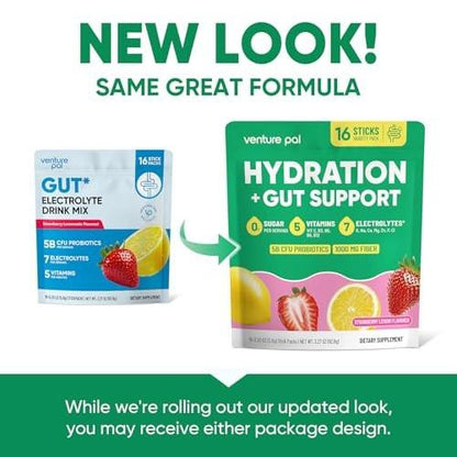Venture Pal 2-in-1 Hydration Packets + Gut Health Electrolytes Powder - 7 Electrolytes & 5 Vitamins, Probiotics - Sugar Free Liquid Daily IV Drink Mix for Dehydration Relief | Non-GMO | 16 Sticks