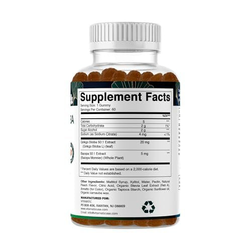 Vitamatic Ginkgo Biloba & Bacopa Gummies – Plant-Based Botanical Extract – Natural Peach Flavor – Vegan, Non-GMO, Gluten-Free – Herbal Supplement – 60 Count - görsel 9