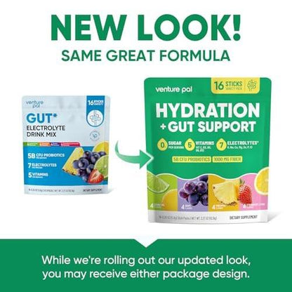 Venture Pal 2-in-1 Hydration Packets + Gut Health Electrolytes Powder - 7 Electrolytes & 5 Vitamins, Probiotics - Sugar Free Liquid Daily IV Drink Mix for Dehydration Relief | Non-GMO | 16 Sticks