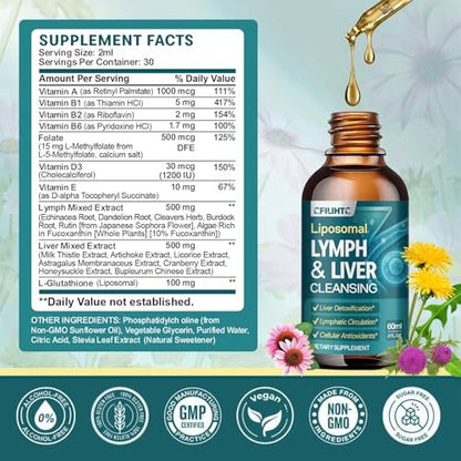 Liposomal Lymphatic Drainage Drops - 21 in 1 Liver Cleanse Detox & Repair with Milk Thistle, Echinacea, Burdock Root, Liposomal Glutathione, Vitamin Complex ''Lymph-Liver'' Gut & Metabolic Health