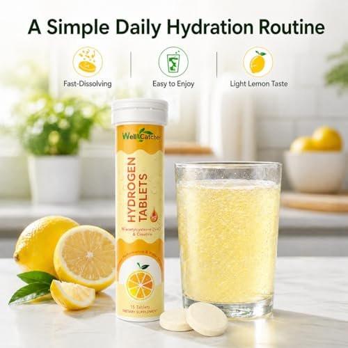 Hydrogen Tablets for Drinking Water: Molecular Hydrogen Tabs 12.4PPM with Magnesium NAC Creatine Supports Antioxidants Cellular Health Recovery Cognitive Function Vegan Organic Lemon Flavor - görsel 9