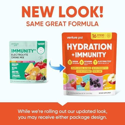 Venture Pal 2-in-1 Hydration + Immune Electrolytes Powder Packets with 7 Electrolytes & 6 Vitamins, Elderberry, Turmeric, Echinacea | Liquid Daily IV Drink Mix | Sugar Free | Keto Friendly, 16 Sticks