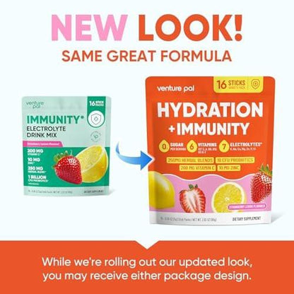Venture Pal 2-in-1 Hydration + Immune Electrolytes Powder Packets with 7 Electrolytes & 6 Vitamins, Elderberry, Turmeric, Echinacea | Liquid Daily IV Drink Mix | Sugar Free | Keto Friendly, 16 Sticks