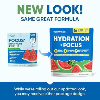 Venture Pal 2-in-1 Hydration Packets + Focus Support Electrolytes Powder, 7 Electrolytes + Vitamins, Magnesium, Lion's Mane & L-Theanine | Sugar Free Liquid Daily IV Drink Mix, Vegan, Keto, 16 Sticks