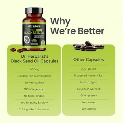 Dr. HERBALIST Black Seed Oil Capsules 1600mg - Nigella Sativa with Thymoquinone (TQ) - Supports Immune & Respiratory Wellness & Daily Antioxidant Support* Halal 60ct
