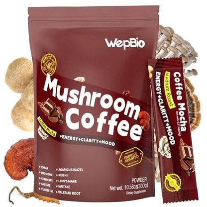 WepBio Mushroom Coffee Mocha 11 in 1 Adaptogenic Mushroom Blend with Ashwagandha KSM-66, Lions Mane, Reishi, Turkey Tail Instant Mushrooms Coffee for Boost Energy, Focus, Sugar-Free, 30 Servings