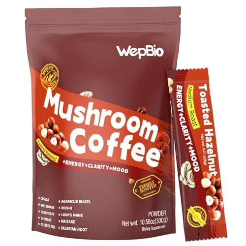 WepBio Mushroom Coffee 11 in 1 Adaptogenic Mushroom Blend with Ashwagandha KSM-66, Lions Mane, Reishi, Turkey Tail Hazelnut Instant Mushrooms Coffee for Boost Energy, Focus, Sugar-Free, 30 Servings - görsel 15