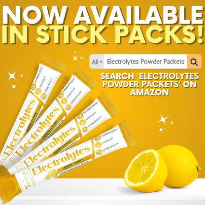 Zero Sugar Lemon Candy Electrolytes Sticks - Refreshing Hydration - Caffeine Free Energy with All Natural Ingredients - Vegan, Keto & Paleo - Sugar Free Electrolytes Powder Drink Mix - 15 Sticks
