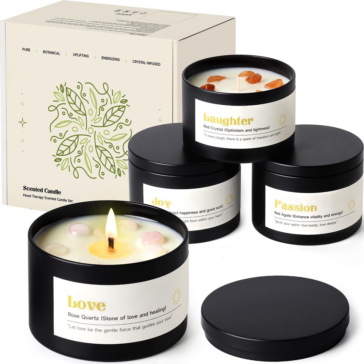 AOOVOO Crystal Energy Candles Set for Women - 4 Pack 26 oz Soy Wax Candles for Home Scented, 200 Hour Long Lasting Candle, Laughter Red Crystal/Love Rose Quartz/Joy Citrine/Passion Red Quartz - görsel 2