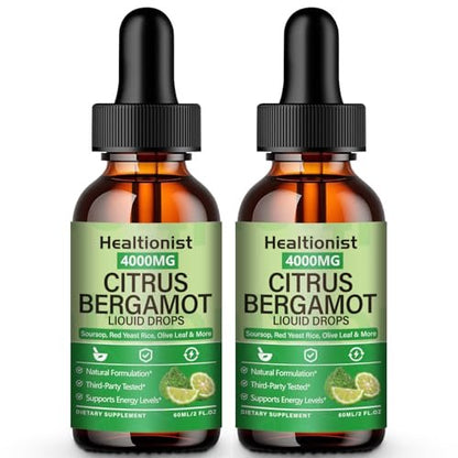 Healtionist 2 Packs 4000mg Citrus Bergamot Liquid Drops - Cholesterol Lowering Supplement for Immune Support Anti-Aging, High Cholesterol - Soursop Bitters Liquid, High Absorption, 4 Fl Oz